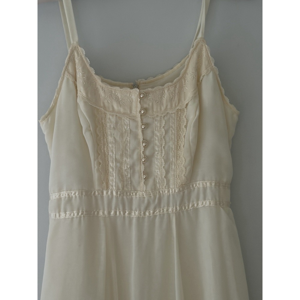 Vintage Ivory Boho Romantic Ruffle Lace Dress Cottage Lined 1970s XS/XXS Bodice